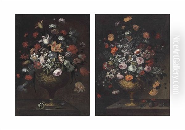 Parrot Tulips, Roses, Carnations And Other Flowers In A Carved Giltwood Vase On A Stone Ledge (+ Anemones, Roses, Orange Blossoms And Other Flowers In A Vase With Plums On A Stone Ledge; Pair) Oil Painting by Gasparo Lopez