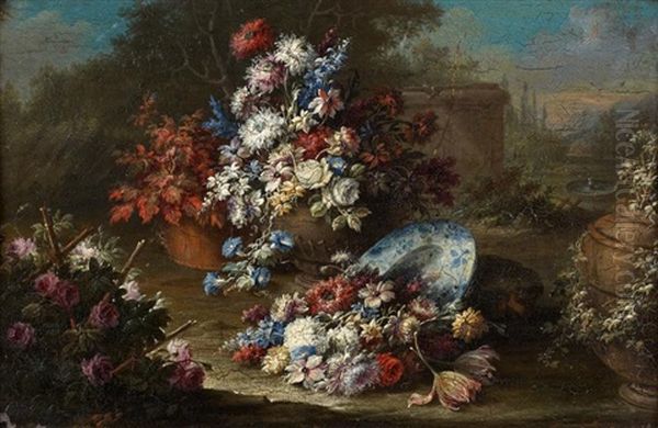 Bouquets De Fleurs Pres D'un Arbre Et Bouquet De Fleurs Avec Une Assiette En Porcelaine (pair) Oil Painting by Gasparo Lopez