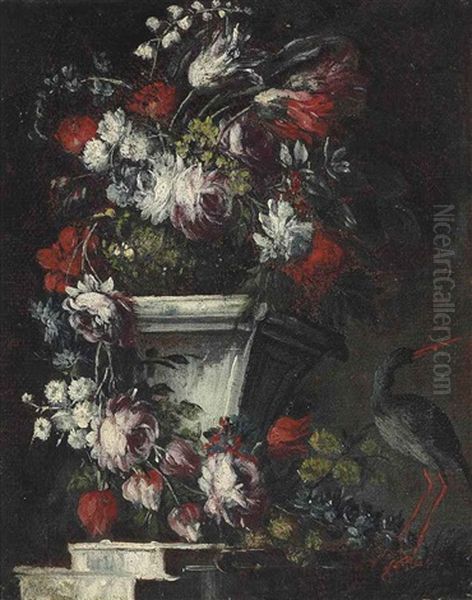 Flowers In A Stone Vase On A Ledge, A Black Heron Perched On The Right Oil Painting by Gasparo Lopez