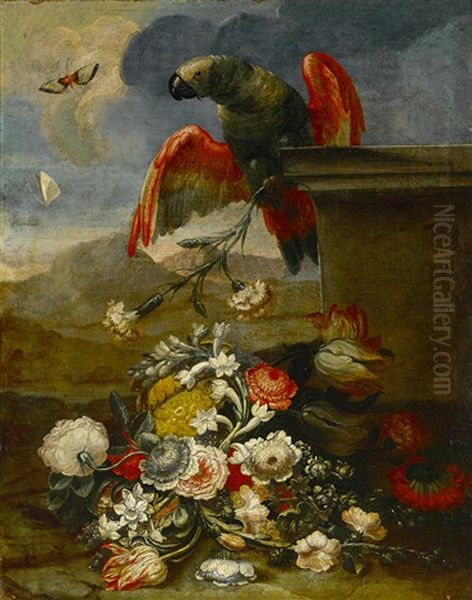 A Parrot On A Ledge With A Still Life Of Flowers Beneath Oil Painting by Gasparo Lopez