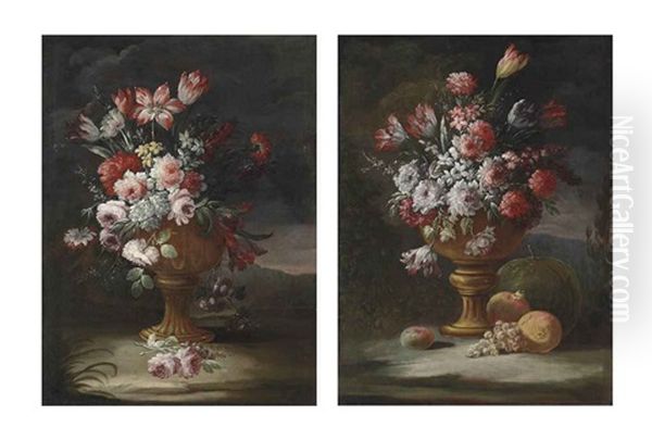 Peonies, Tulips And Other Flowers In An Urn With Grapes, Pomegranates And Other Fruit In A Wooded Landscape (+ Roses, Peonies, Tulips And Other Flowers In An Urn In A Wooded Landscape; Pair) Oil Painting by Gasparo Lopez