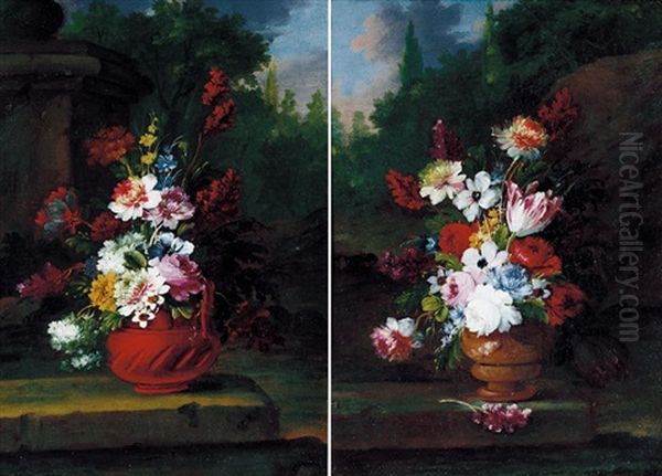 Vaso Di Fiori Entro Paesaggio (+ Vaso Di Fiori Entro Paesaggio; Pair) Oil Painting by Gasparo Lopez