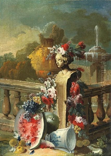 Blumen, Fruchte Und Weibliche Buste Vor Einer Parklandschaft (+ Blumen, Fruchte Und Grosse Steinvase Vor Einer Parklandschaft; Pair) Oil Painting by Gasparo Lopez