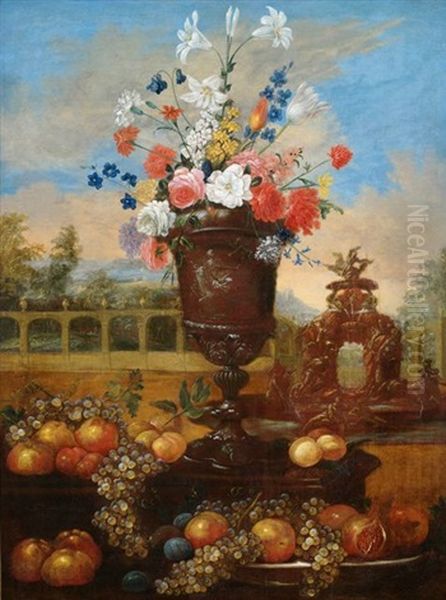 Blumen- Und Obststilleben Vor Parklandschaft Oil Painting by Gasparo Lopez