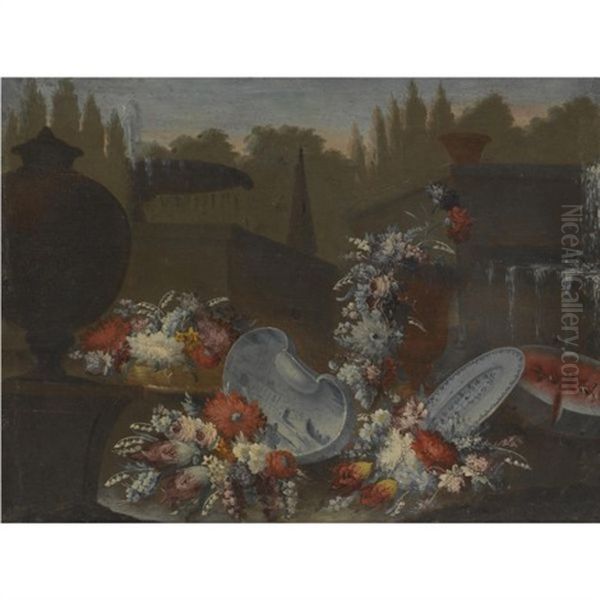 Still Life In A Garden Setting With An Array Of Flowers Spilling From A Sculpted Urn And A Basket, Together With Some Blue And White Porcelain Dishes And Half A Watermelon Oil Painting by Gasparo Lopez