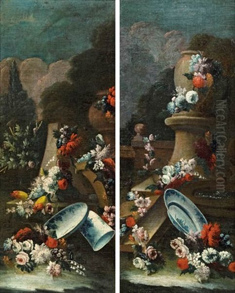 Blumenstilleben Mit Porzellanschale (+ Blumenstillleben Mit Porzellanschale Und -krug; Pair) Oil Painting by Gasparo Lopez