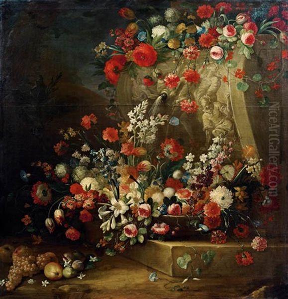 Stillleben Mit Blumen Und Fruchten Vor Einem Reliefbrunnen Oil Painting by Gasparo Lopez