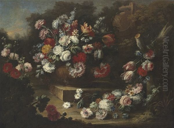 Roses, Tulips, Carnations And Other Flowers In An Urn, With Other Flowers Beside, In A Landscape Oil Painting by Gasparo Lopez