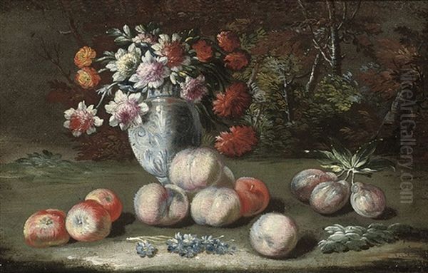 Chrysanthemums In A China Vase, With Apples, Peaches And Plums, In A Landscape Oil Painting by Gasparo Lopez