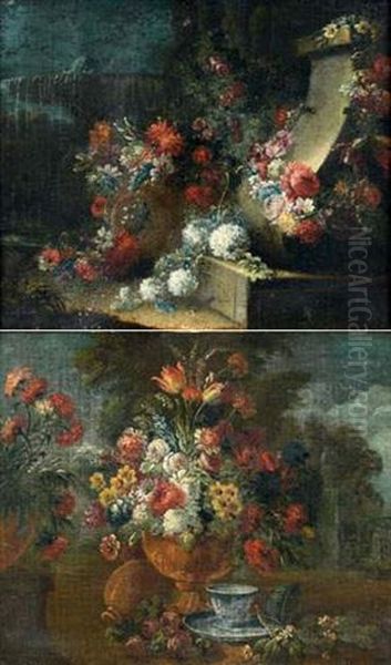 Nature Morte Au Vase De Fleurs Et Tasse En Porcelaine De Chine Dans Un Parc Classique (+ Guirlande De Fleurs Decorant Une Ballustrade Devant Une Fontaine, Lrgr; Pair) Oil Painting by Gasparo Lopez