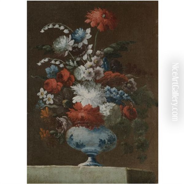 A Still Life Of Flowers In A Porcelain Vase Upon A Stone Ledge Oil Painting by Gasparo Lopez