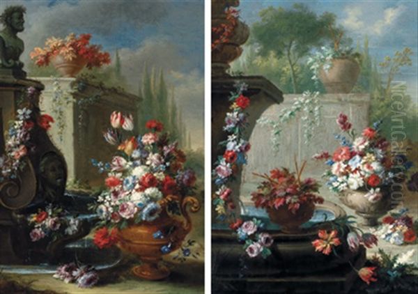 Blumenstrause In Kunstvoll Verzierten Vasen Und Blumengirlanden An Steinernen Brunnen In Schlossparks (+ Another; Pair) Oil Painting by Gasparo Lopez