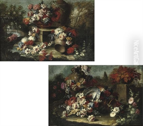 Mixed Flowers And A Flower Garland Near A Fountain (+ Mixed Flowers With A Porcelain Dish In A Garden; Pair) Oil Painting by Gasparo Lopez