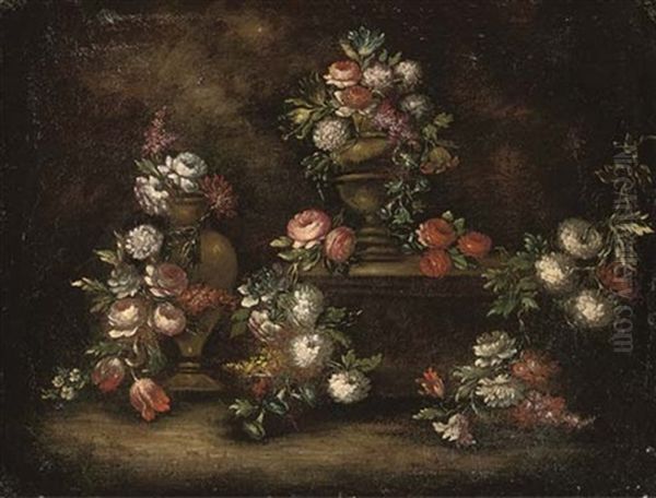 Roses, Chrysanthemums, Parrot Tulips And Other Flowers In A Pair Of Urns, With Other Flowers On A Stone Ledge Oil Painting by Gasparo Lopez