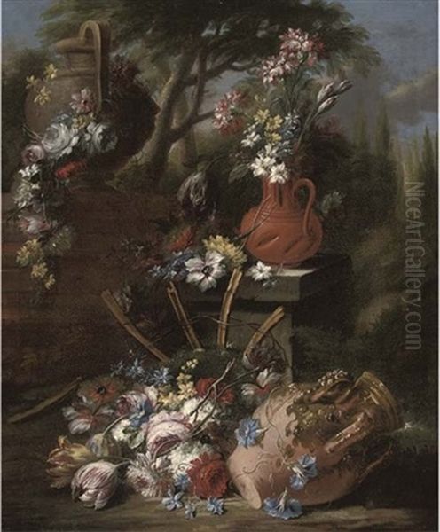 Carnations And Narcissi In An Earthenware Jug On A Stone Ledge With Roses, Convolvulus, Narcissi And Tulips On A Forest Floor By An Earthenware Urn And A Garland Of Flowers On A Stone Urn, A Wooded La Oil Painting by Gasparo Lopez