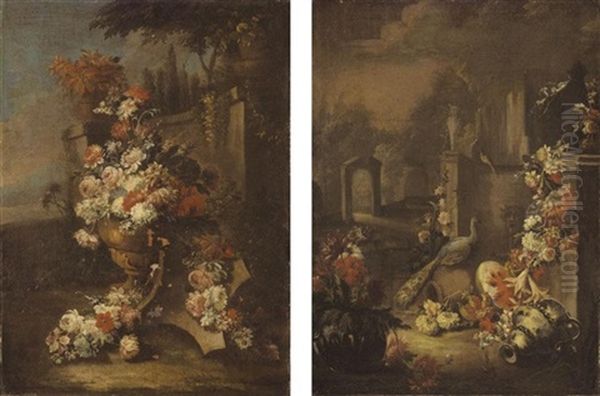 A Still Life With A Vase Of Flowers Together With Floral Garlands (+ A Still Life With A Garland Of Various Flowers And A Peacock; Pair) Oil Painting by Gasparo Lopez