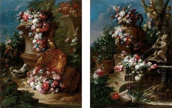 Nature Morte Di Fiori Decoranti Anfore E Urne In Un Giardino (+ Another, Similar; Pair) Oil Painting by Gasparo Lopez