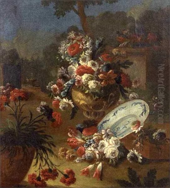 Vase De Fleurs Sur Fond De Paysage Oil Painting by Gasparo Lopez