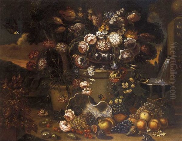 Natura Morta Con Vaso Di Fiori E Frutta In Un Paesaggio Oil Painting by Gasparo Lopez