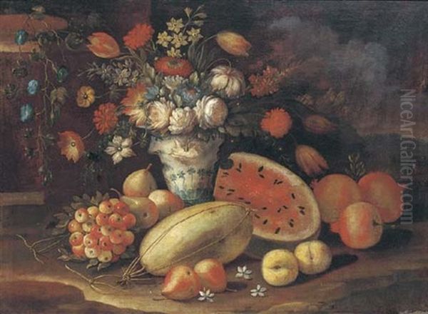 Roses, Tulips, Morning Glory And Other Flowers In A Vase With Melons, Pears, Pomegranates And Berries In A Clearing Oil Painting by Gasparo Lopez