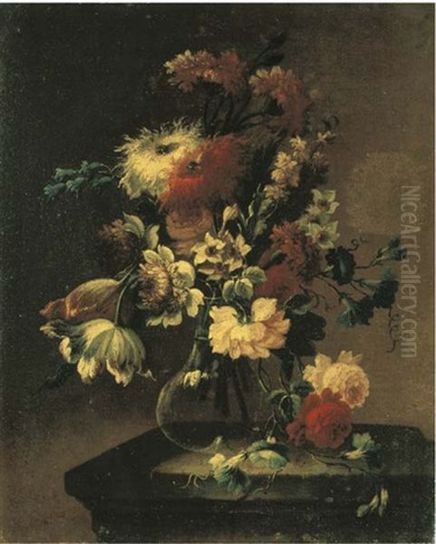 Rose, Campanule, Narcisi, Garofani E Altri Fiori In Un Vaso Di Vetro Su Un Piano Di Pietra Oil Painting by Gasparo Lopez