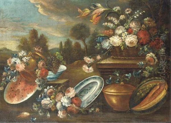 Melons And Grapes With Bronze Urns And Porcelain Dishes And A Basket Of Roses And Other Flowers On A Plinth With A Wooded Landscape Beyond Oil Painting by Gasparo Lopez