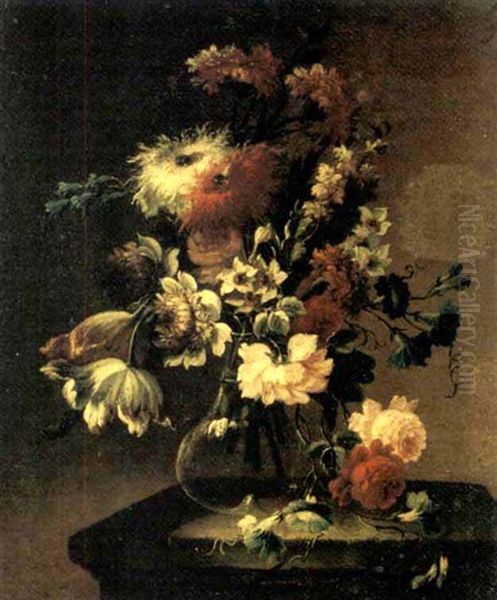 Rose, Campanule, Narcisi, Garofani E Altri Fiori In Un Vaso Di Vetro Su Un Piano Di Pietra Oil Painting by Gasparo Lopez