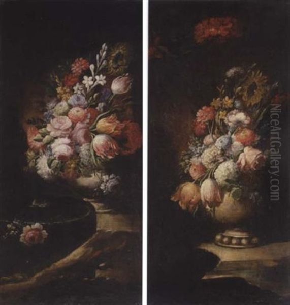 Still Life Of Various Flowers In A Vase Arranged Upon A Stone Plinth Oil Painting by Gasparo Lopez