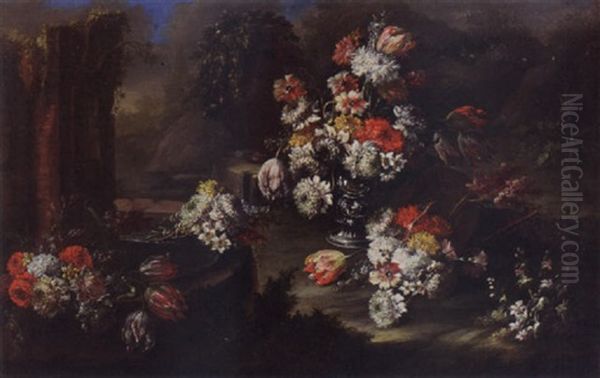 A Still Life With Tulips, Hyacinths, French Marigolds, Daffodils, Poppy Anemones And Other Flowers In A Silver Vase Together With Other Flowers Near A Fountain by Gasparo Lopez