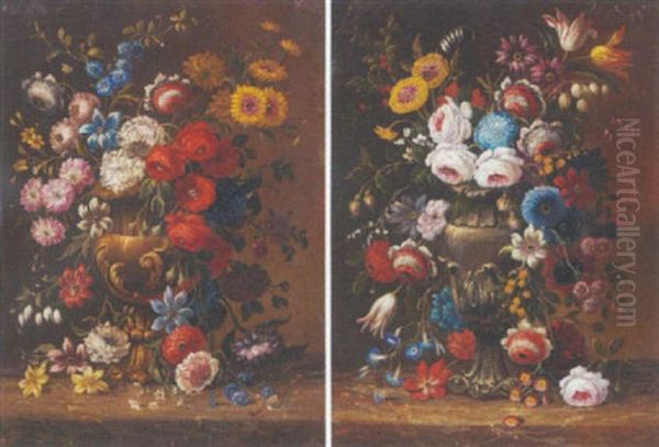 Roses, Carnations, Tulips, Morning Glory And Other Flowers On An Urn On A Marble Ledge Oil Painting by Gasparo Lopez