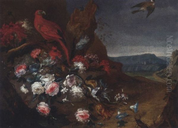 Roses, Carnations, Tulips, Bluebells And Other Flowers In A Rocky Landscape, With A Red Parrot, A Swallow And A Stag Beetle Oil Painting by Gasparo Lopez