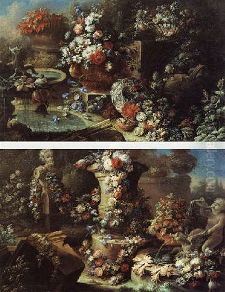 An Ornamental Garden With A Still Life Of Flowers In Vases And Baskets, A Fountain Nearby Oil Painting by Gasparo Lopez