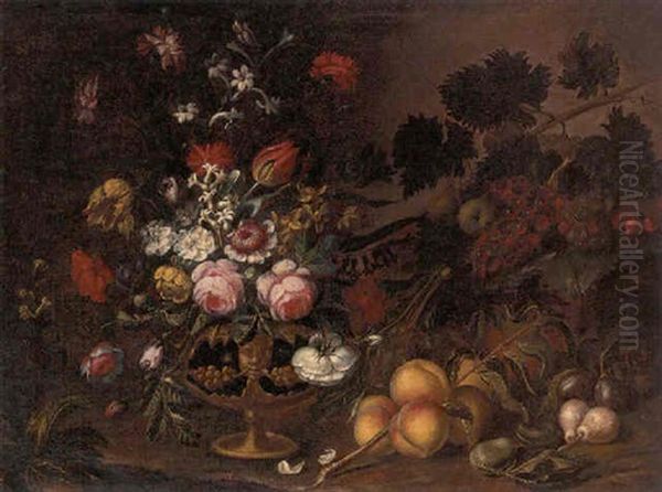 Roses, Carnations, Tulips, Narcissi And Other Flowers In An Urn, With Fruit In A Landscape Oil Painting by Gasparo Lopez