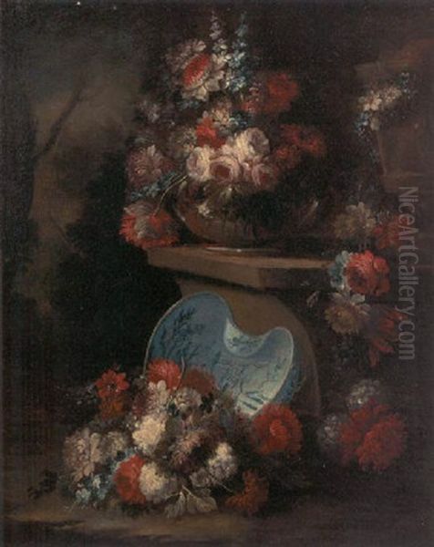 Roses, Carnations And Narcissi In A Glass Bowl On A Stone Ledge, With A Porcelain Dish Of Roses, Carnations And Narcissi Beneath Oil Painting by Gasparo Lopez