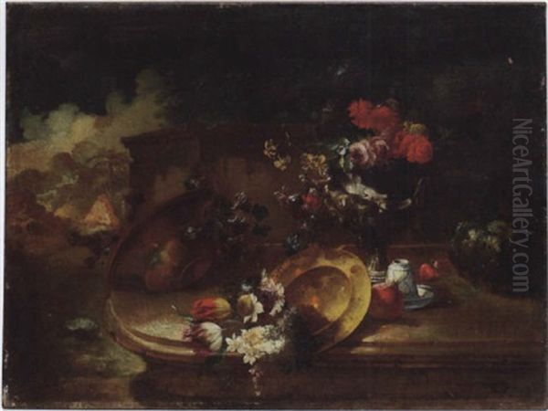 Stilleben Mit Blumen Und Fruchten Im Freien Oil Painting by Gasparo Lopez