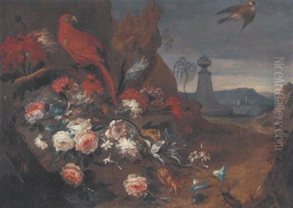 Roses, Carnations, Tulips, Bluebells And Other Flowers In A Rocky Landscape, With A Red Parrot, A Swallow, And A Stag Beetle Oil Painting by Gasparo Lopez