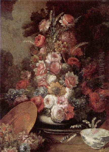 Still Life Of Flowers In A Vase With A Porcelain Bowl, In A Garden Setting Oil Painting by Gasparo Lopez