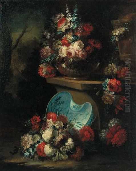 Roses, Carnations And Narcissi In A Glass Bowl On A Stone Ledge, A Porcelain Dish, Roses, Carnations And Narcissi Beneath Oil Painting by Gasparo Lopez