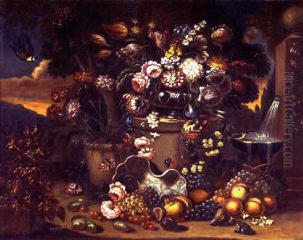 Still Life With Flowers And Fruit, Birds, Butterflies, And Insects, In An Exotic Garden Landscape Oil Painting by Gasparo Lopez