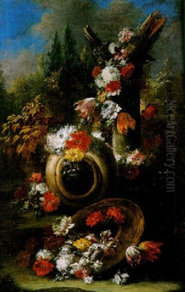 Nature Morte Au Vase Et Panier De Fleurs Dans Un Parc Oil Painting by Gasparo Lopez