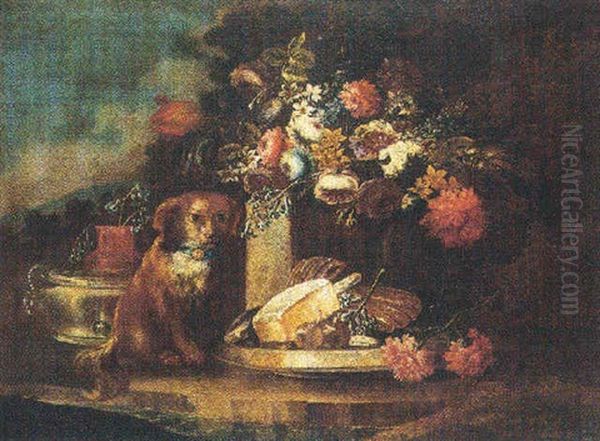 Still Life With Flowers And A Dog With A Dish Of Sweetmeats And Figs In A Garden Setting Oil Painting by Gasparo Lopez