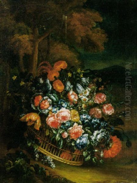 Cesto Di Fiori In Un Paesaggio Oil Painting by Gasparo Lopez