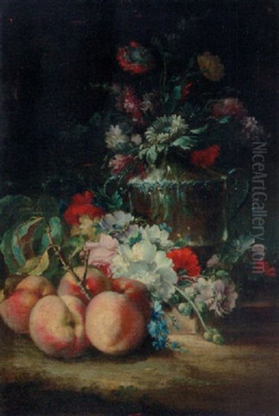 Still Life Of Mixed Flowers In A Vase, With Peaches And Other Flowers On A Ledge Oil Painting by Gasparo Lopez