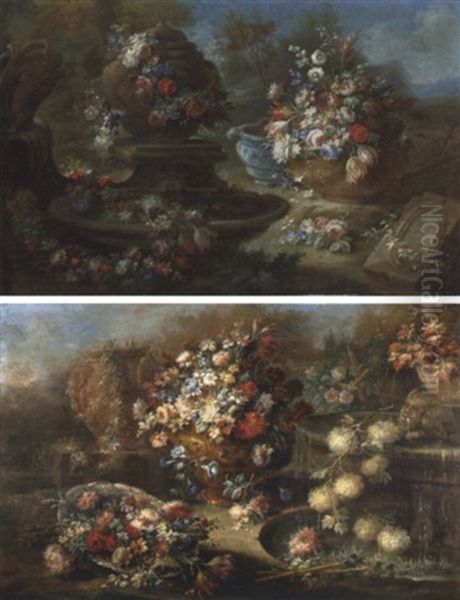 Roses, Parrot Tulips And Other Flowers In An Urn And Draped Around A Fountain, In A Landscape Oil Painting by Gasparo Lopez