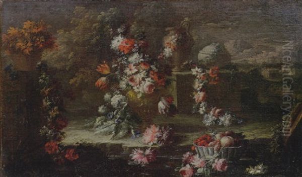 Natura Morta Di Fiori, Frutta E Vasellame Oil Painting by Gasparo Lopez