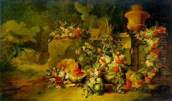 Flowers And Fruit In An Architectural Landscape, Peacocks And Ruins In The Distance Oil Painting by Gasparo Lopez