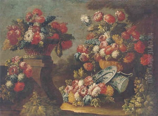 Still Life Of Various Flowers In A Basket And Vase, With A Blue And White Porcelain Dish And Ewer In An Ornamental Garden Oil Painting by Gasparo Lopez