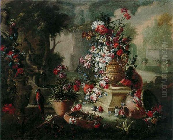 Still Life Of Flowers In A Gilt Urn With Other Potted Flowers, A Parrot And An Overtuned Urn All In The Garden Of A Villa Oil Painting by Gasparo Lopez