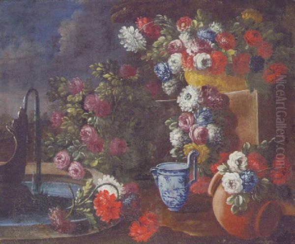 A Bowl Of Mixed Flowers With A Blue And White Jug And Other Flowers By A Fountain Oil Painting by Gasparo Lopez