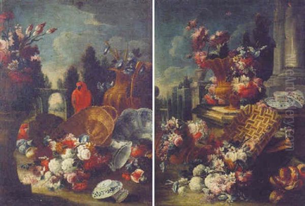 Flowers In An Urn And In A Gilt Ewer, By A Parrot, An Upturned Basket Of Flowers, Fruit And China In A Garden Oil Painting by Gasparo Lopez